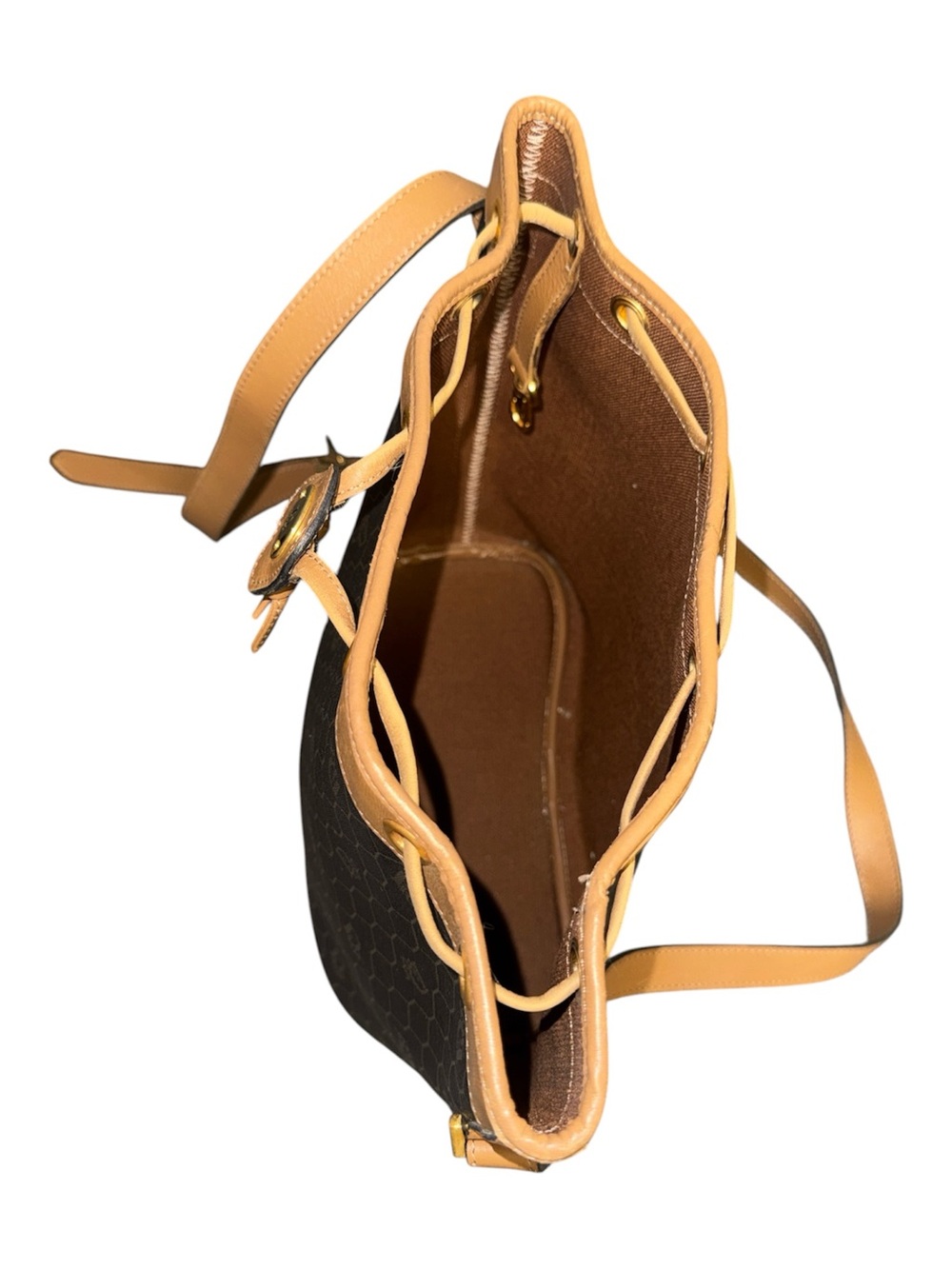 DIOR Honeycomb Monogram PVC Bucket Shoulder Crossbody Bag Brown Tan w/ Pouch - Picture 9 of 17